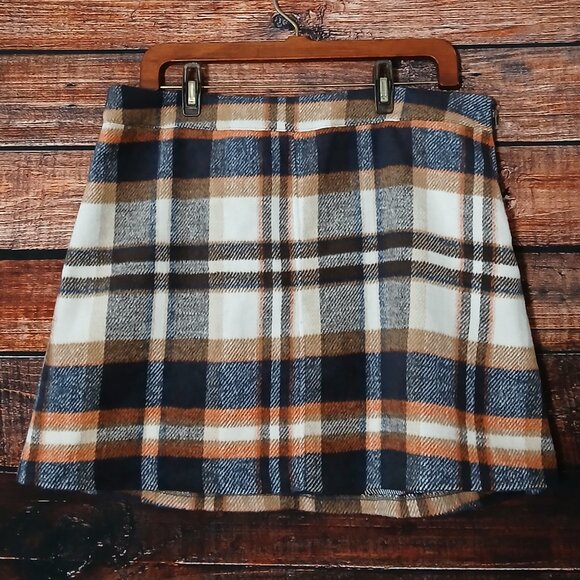 Lulus Mini Skirt XL Mad For Plaid Soft Flannel Lined Side Zip Cream Navy - Picture 2 of 9